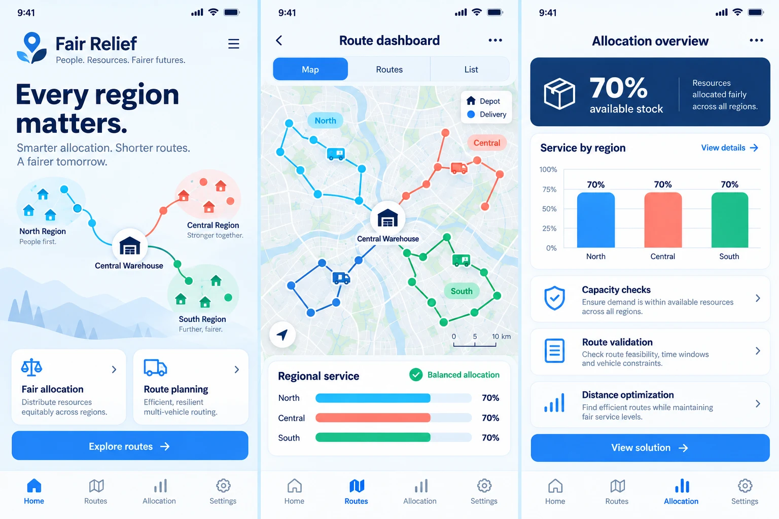 Fair Relief Routing — illustrative left mobile preview