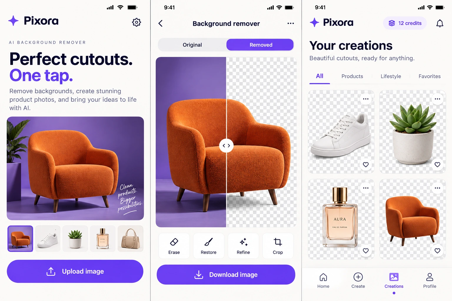 Pixora AI — illustrative left mobile preview